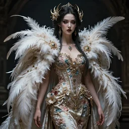 real photoshoot heaven goddess, wearing a feathered cloak and a fancy silk floral dress, ornate, ultra realistic, concept art, intricate details, eerie, highly detailed, photorealistic, octane render, 8 k, unreal engine. ruan jia, wlop. scifi, fantasy, intense colors, hyper detailed, octane render, concept art, by peter mohrbacher, by wlop, by
