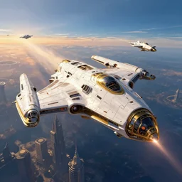 hornet shaped space ship entering atmosphere, art by nick hiatt and zhu wenzhe, scifi, fleet of space ships, metropolis, coruscant, cinematic, white, gold, blue, futuristic, sunset, illustration, mysterious, artstation, highly detailed
