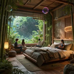 a futuristic cozy japandi uninhabited bedroom from oblivion movie, by wlop and james jean jhonseru jsezz artstation and jung yeon min and aaron de leon and neill blomkamp, with some bamboo wood and neon light details, lens orbs, global illumination, with a window overlooking a lush green alien planet, lounge, architectural, volumetric lighting, granular detail, japandi, hyperrealist, uninhabited, micro details, blender, vray