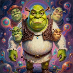 detailed painting of shrek!!! tripping out on acid, psychedelic!!! dmt style painting, digital art!!!, 4 k, artstation, focus on faces!!!