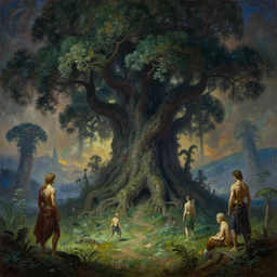 beautiful vivid dangerous alien landscape with evil looming with giant sycamore tree, by roger dean, by anton fadeev, by albert bierstadt, magical realism, oil on canvas, soft render, octane, artstation