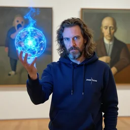portrait powerful blue wizard John Locke wearing navy blue hoodie brandishes an electric blue orb peter doig giorgio morandi greg rutkowski mark rothko tombow