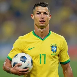 portrait of ronaldo luis nazario de lima holding a soccer ball, wearing the yellow brazil soccer shirt, shaved head, painting by rembrandt, high quality, very beautiful, detailed, 4 k