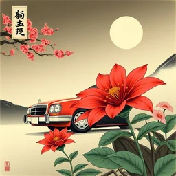 a mercedes - benz and a chrysanthemum. shin hanga and kawanabe kyosai and cory loftis and rossdraws and wlop and jung gi kim rule of thirds ukiyo - e