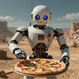 close-up of a pizza robot, wasteland, highly-detailed, dramatic lighting, artstation, 4k, cinematic landscape, photograph by Keanu Reeves