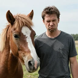 a portrait of a rude man ignoring a pony