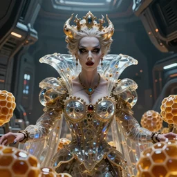 portrait of a evil queen in midst of transparent clear see - through honeycombs. spaceship environment, dramatic lighting, ultra realistic, highly detailed, concept art, photorealistic, octane render, 8 k, unreal engine. art by gustave dore, art by boris vallejo, art by julie bell, art by christopher marley, art by artgerm
