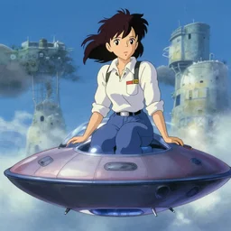 a film still of a 1 9 5 0's mechanic anime girl sitting on top of flying ufo, finely detailed features, full body mid shot, detailed face, perfect art,, trending on pixiv fanbox, painted by gaston bussiere, makoto shinkai, akihiko yoshida, gaston bussiere, craig mullins, studio ghibli
