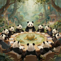 an intricate matte painting of a panda forum in a mythological realm, by Christophe Vacher and Bastien Lecouffe-Deharme, trending on artstation