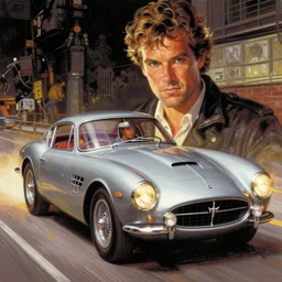 moebius comic art, the incal, maserati tipo 1 5 1, cinematic moebius illustration, driver rider, painting, film still, knight rider kitt, dave mckean