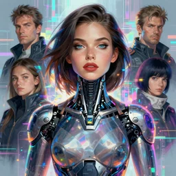 the woman of my dreams is a cyborg assassin supermodel : : illustrated by artgerm, karol bak, greg rutkowski, yoji shinkawa : : cyberpunk, holographic, glitchcore, digital art, illustration, concept art, character design, weta, wlop, artstation