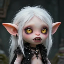 goblin with big ears, round nose, plush lips, sharp teeth, short height, white hair, gold eyes, eco goth, fairycore, corragecore, punk, in the art style of richard corben