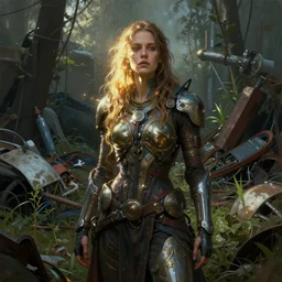 an intricate concept portrait painting of a post - apocalyptic woman standing in a junkyard undergrowth, style ivan talavera and artgerm, radiant lighting, hyper realistic, photorealistic, octane render, artstation, cgsociety, cinematic light, global illumination, sci - fi
