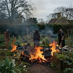 an english garden is in flames. there is destruction. folk horror