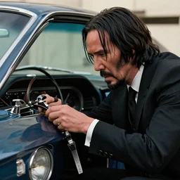 a closeup photorealistic photograph of john wick working on a 1 9 6 9 ford mustang. film still. this 4 k hd image is trending on artstation, featured on behance, well - rendered, extra crisp, features intricate detail, epic composition and the style of unreal engine.