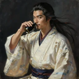 portrait of a japan samurai man drinking sake in flowing sensual kimono, long flowing hair, delicate, looking at camera, slightly smiling, realistic face, stylish, elegant, extremely detailed painting inspired by Gerald Brom and Simon Stalenhag, studio lighting