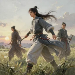 dynamic composition, motion, ultra-detailed, incredibly detailed, a lot of details, amazing fine details and brush strokes, colorful and grayish palette, smooth, HD semirealistic anime CG concept art digital painting, watercolor oil painting of meadow and sunrise, from Three Kingdoms, by a Chinese artist at ArtStation, by Huang Guangjian, Fenghua Zhong, Ruan Jia, Xin Jin and Wei Chang. Realistic artwork of a Chinese videogame, gradients, gentle an harmonic grayish colors.