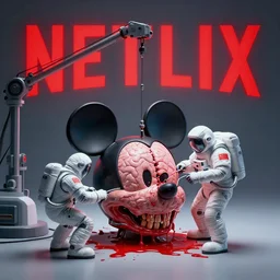 graphic art dystopian futuristic human mechanic surgeons!!! astronauts, operate on a mickeymouse!!! head cracked!! skull!! brain exposed, held by crane, blood!!! on the floor. ominous glowing red netflix!!! logo in the background, beeple!!!!, clean concept art, smooth, octane render, minimal