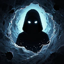 !!! pixel sorting!!! hooded glowing eyes figure peering through rift in holescape tunneling!! pixel sorting!! pixel sort