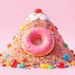 a candy mountain covered in sprinkles, vibrant colors, pink frosted donut, cute 3 d render, candyland mountain decorated with gumdrops, highly detailed,