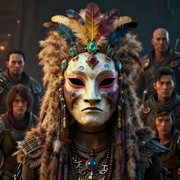 tribal vodoo mask wooly hair cut feather gemstone global illumination ray tracing hdr that looks like it is from borderlands and by feng zhu and loish and laurie greasley, victo ngai, andreas rocha, john harris