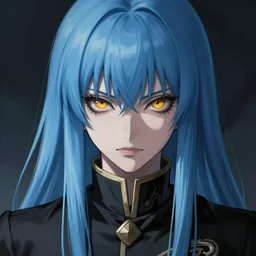 full face shot of rimuru tempest, sky blue straight hair, long bangs, amber eyes, wearing a fancy black jacket, high collar, ultra detailed, brush strokes, digital painting, cinematic, wlop artstation, closeup, pixiv, eerie, scary, intimidating, evil, yoshitaka amano, junji ito,