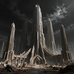 moody landscape, exoplanet, abandoned alien megastructure designed by hr giger, towering skeletal temple skyscrapers, complex parametric architecture, post industrial, beksinski, alvin schwartz, black clouds, octane render, cinematic, epic angle