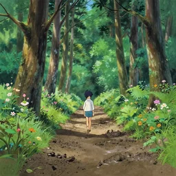 deep muddy forest on a sunny day walkway panorama, blooming, very traditional gouache painting gouache by makoto shinkai disney kyoto animation