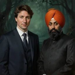 Justin Trudeau with Jagmeet Singh in the american gothic painting, concept art, sharp focus, highly detailed digital painting by Grant Wood, artstation
