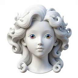 3 d full head and shoulders beautiful white porcelain woman smooth with colourful big eyeballs all through her hair, ornate detailed hair, 3 d swirling hair by theodor seuss geisel and daniel arsham and xiang duan, on a white background