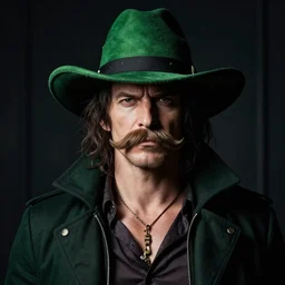 artist and actor kevin page. white beard and moustache. green hat. dark room. portrait. photorealistic. incredible. dramatic.