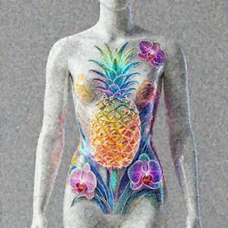 “ a beautiful mannequin made of marble printed in 3 d geometric neon + kintsugi, flowering iridescent pineapples + orchids, transcendent, vibrant color, clean linework, finely detailed, 4 k, trending on artstation, photorealistic, volumetric lighting, octane render ”