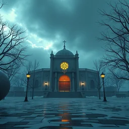 view from outside jewish synagogue, style artstation, style greg rutkowsk, octane render, unreal engine 6, epic game graphics, fantasy, ciberpunk, conceptual art, ray tracing