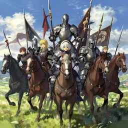 army of powerful medieval knights holding spears and flags on horses by makoto shinkai, nier automata environment concept artstyle, greg rutkowski and krenzcushart