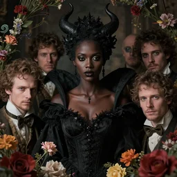 portrait of the black queen of the underworld, surrounded by flowers by karol bak, james jean, tom bagshaw, rococo, sharp focus, trending on artstation, cinematic lighting, hyper realism, octane render, 8 k, hyper detailed.