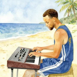 watercolor and collage by eric carle, of steph curry playing analog synthesizer on the beach, peaceful mood