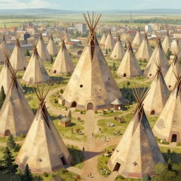 A native american teepee city, a city full of gigantic teepees, designed by Greg Rutkowski. Trending on Artstation