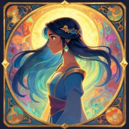 side profile centered painted portrait, Maya Ali as a wind mage, Arcane and D&D, cell-shaded, concept art, beautifully backlit, official fanart, 4k, HDR, Trending on artstation, Behance, Art Nouveau, chromatic colours, by Jesper Ejsing and RHADS and Makoto Shinkai and Lois van baarle and ilya kuvshinov and rossdraws and Cushart Krentz and Gilleard James