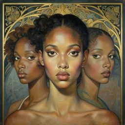 a streamline moderne, art nouveau, multi - ethnic and multi - racial portrait in the style of charlie bowater, and in the style of donato giancola, and in the style of charles dulac. clear, expressive, very large eyes. symmetry, centered, ultrasharp focus, dramatic lighting, photorealistic digital painting. an elegant, intricately detailed background.