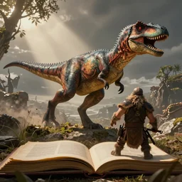 a fantasy velociraptor jumping on a d & d barbarian, rpg book illustration