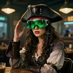 a high quality portrait of a beautiful stunning pirate in a cyberpunk cyberpunk cyberpunk cafe wearing a green VR visor realism 8k award winning photo