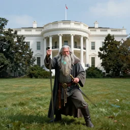 gandalf attacks the white house, realistic extremely detailed photo style painting, granular detail, holographic krypton ion, octane render, 4 k, f 3 2, 5 5 mm photography, wide angle