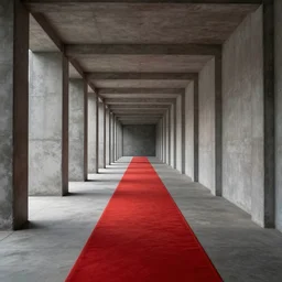 a massive concrete hallway with a red strip of carpet down the middle, meglaphobia, surreal, liminal space,