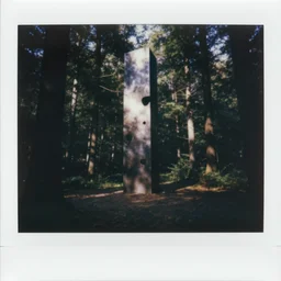 polaroid of a metal monolith in the forest. creepy atmosphere, liminal space.