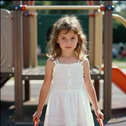 Home video footage, A girl in white is playing in the playground, summer. Color VHS picture quality with mixed noise, Filmed by dad.