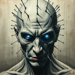man with nails through his head and glowing blue eyes, collaborative artwork by yoji shinkawa, yoshikata amano, greg ruthowski, alphonse murac