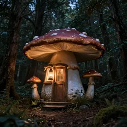 a mushroom cabin in the middle of the woods, with a lantern lighting the dark night outside, digital art, in the style of Lovecraft