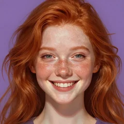close up portrait of a beautiful smiling girl with red hair and freckles, happy intricate, elegant. highly detailed, digital painting, artstation, concept art, smooth, sharp, focus, illustration. background is purple, art by artgerm and greg rutkowski and alphonse mucha,