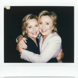 a polaroid of Hillary clinton and ghislaine maxwell hugging and smiling
