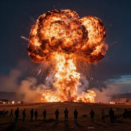 people on a hill watching humongous explosion in the distance, fire, ashes and smoke columns at night, hyperdetailed, artstation, cgsociety, 8 k